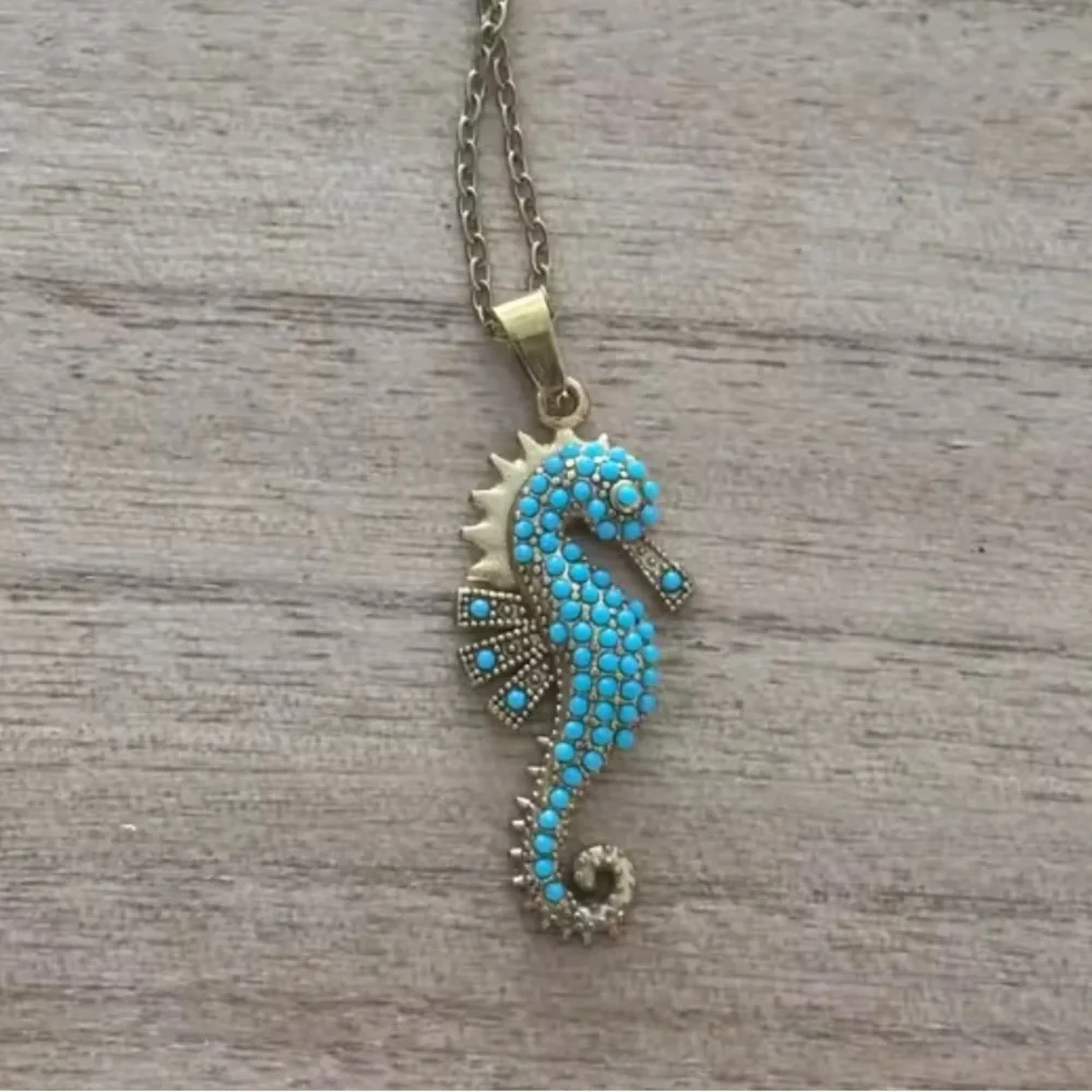 18K Gold Seahorse Micro Pave Turquoise Gemstones Bohemian Minimalist Nautical